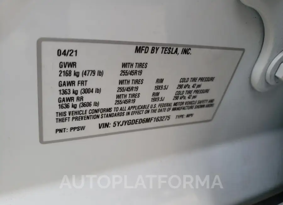 TESLA MODEL Y 2021 vin 5YJYGDED6MF163275 from auto auction Copart