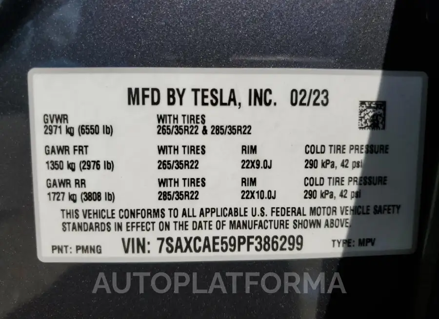 TESLA MODEL X 2023 vin 7SAXCAE59PF386299 from auto auction Copart