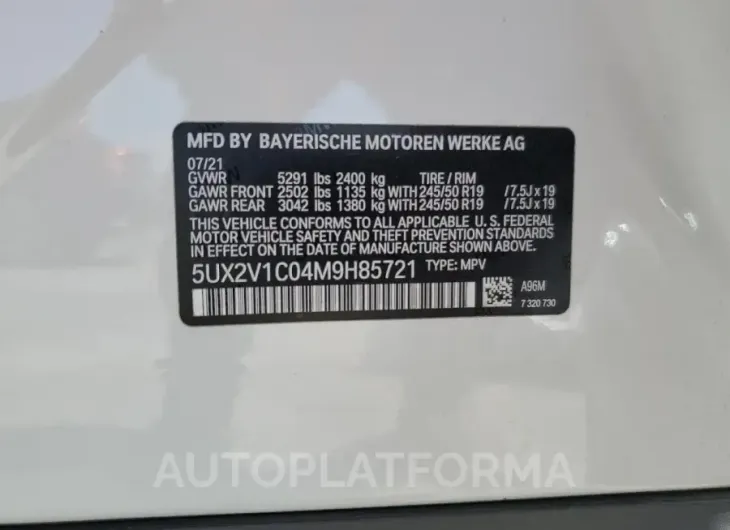 BMW X4 XDRIVE3 2021 vin 5UX2V1C04M9H85721 from auto auction Copart