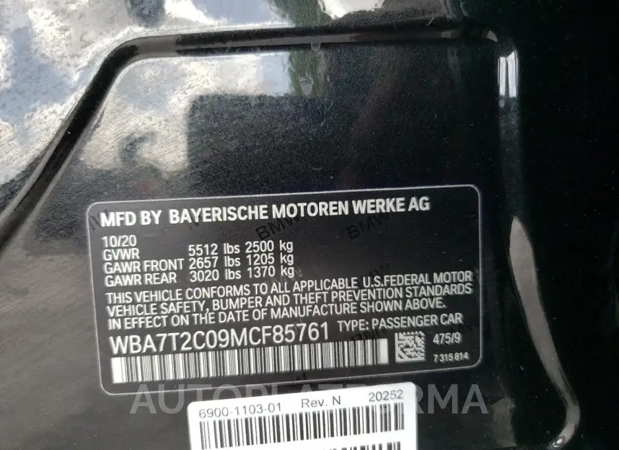 BMW 740 I 2021 vin WBA7T2C09MCF85761 from auto auction Copart