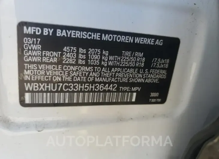 BMW X1 SDRIVE2 2017 vin WBXHU7C33H5H36442 from auto auction Copart