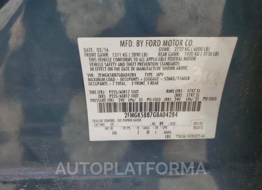 FORD FLEX SE 2016 vin 2FMGK5B87GBA04284 from auto auction Copart