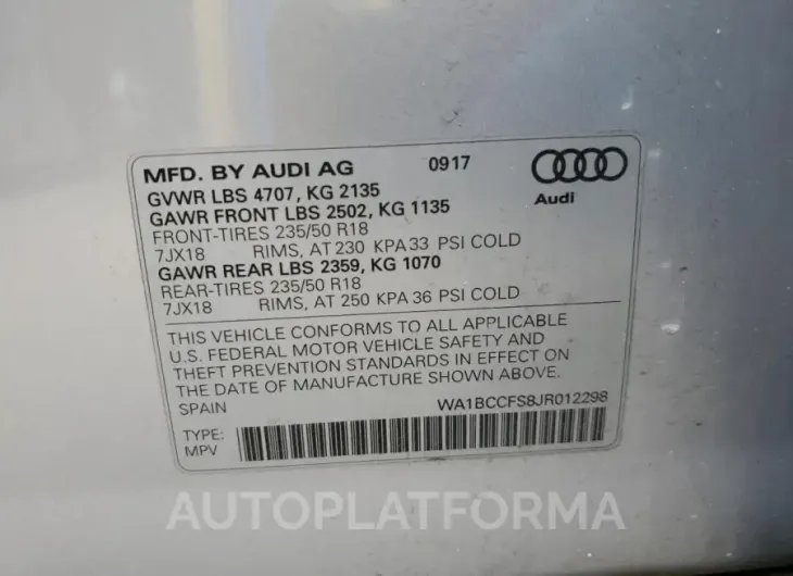 AUDI Q3 PREMIUM 2018 vin WA1BCCFS8JR012298 from auto auction Copart