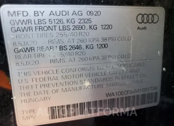 AUDI Q3 PREMIUM 2021 vin WA1DECF34M1031736 from auto auction Copart