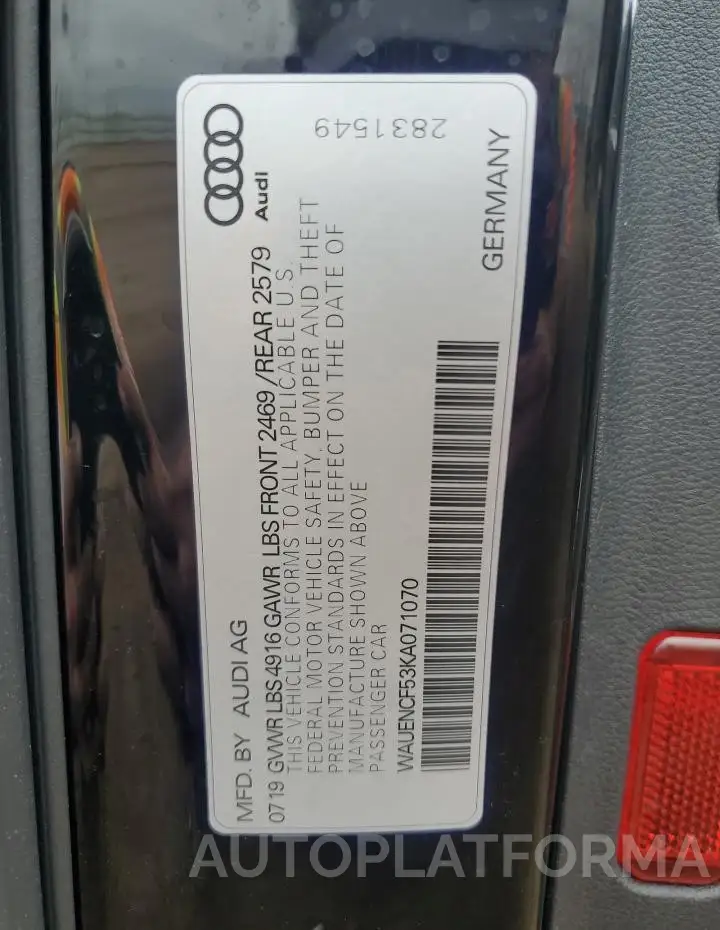 AUDI A5 PREMIUM 2019 vin WAUENCF53KA071070 from auto auction Copart