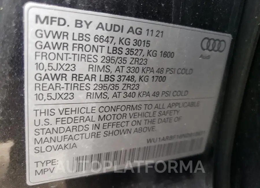 AUDI RS Q8 2022 vin WU1ARBF16ND010671 from auto auction Copart