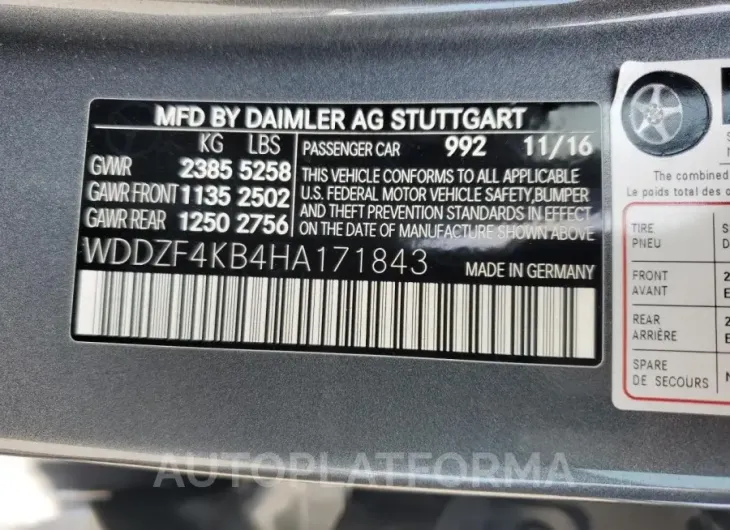 MERCEDES-BENZ E 300 4MAT 2017 vin WDDZF4KB4HA171843 from auto auction Copart