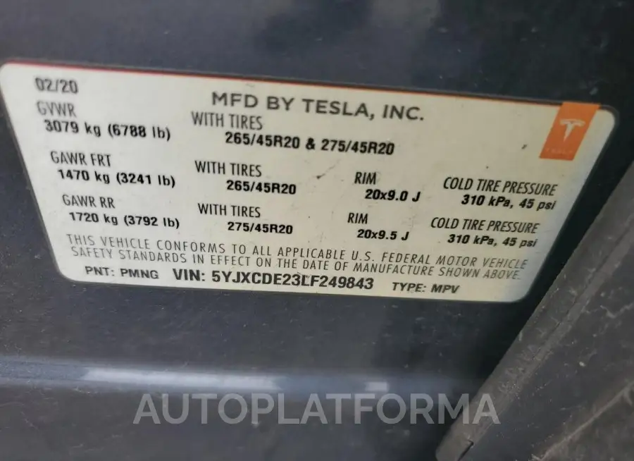 TESLA MODEL X 2020 vin 5YJXCDE23LF249843 from auto auction Copart