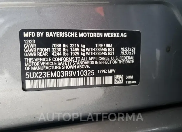 BMW X7 XDRIVE4 2024 vin 5UX23EM03R9V10325 from auto auction Copart