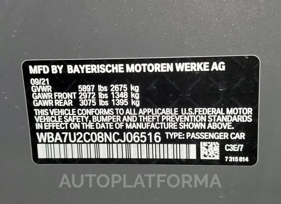 BMW 750 XI 2022 vin WBA7U2C08NCJ06516 from auto auction Copart