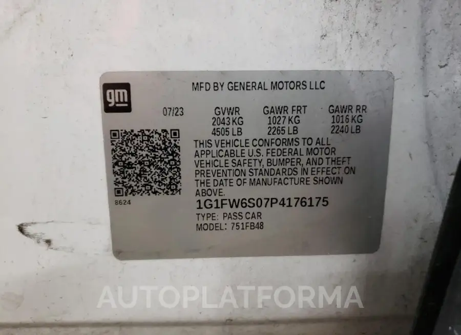 CHEVROLET BOLT EV 1L 2023 vin 1G1FW6S07P4176175 from auto auction Copart