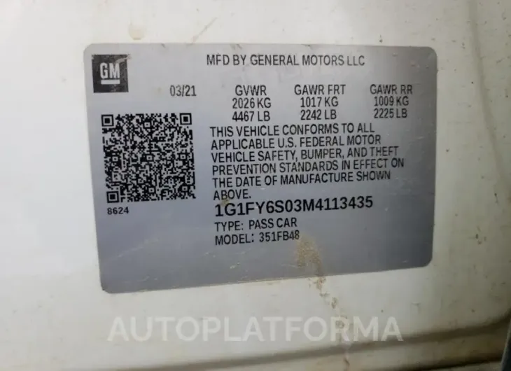 CHEVROLET BOLT EV LT 2021 vin 1G1FY6S03M4113435 from auto auction Copart