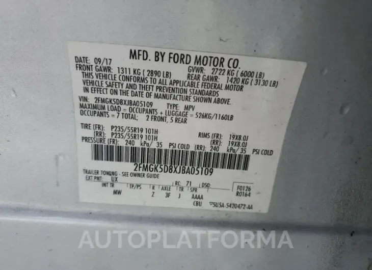 FORD FLEX LIMIT 2018 vin 2FMGK5D8XJBA05109 from auto auction Copart