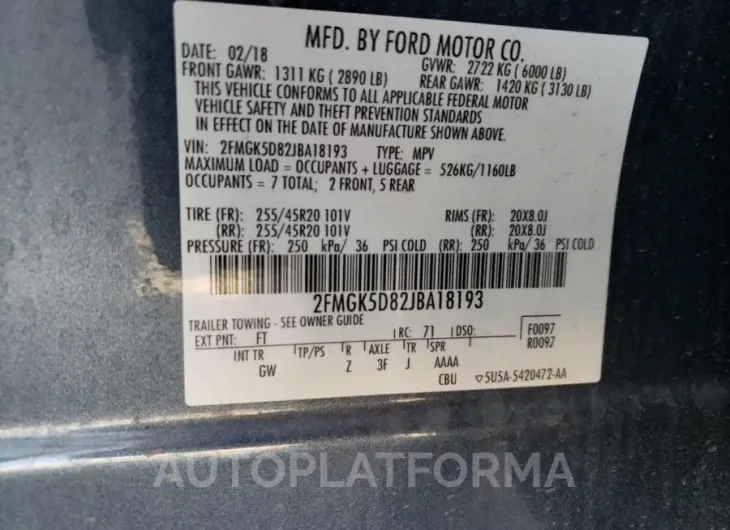 FORD FLEX LIMIT 2018 vin 2FMGK5D82JBA18193 from auto auction Copart