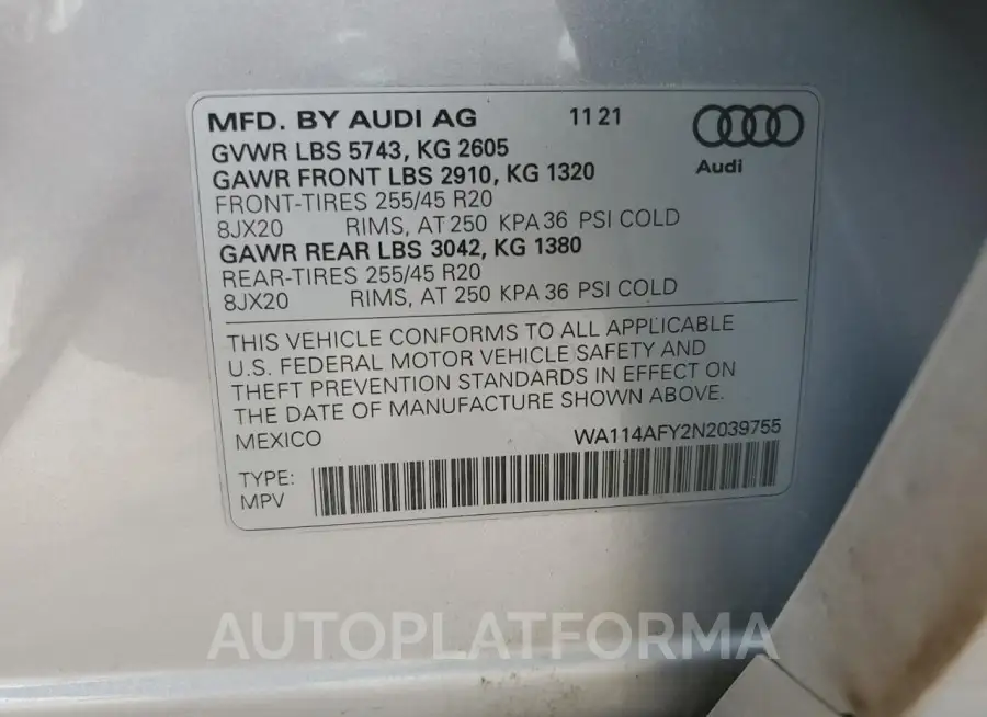 AUDI SQ5 SPORTB 2022 vin WA114AFY2N2039755 from auto auction Copart