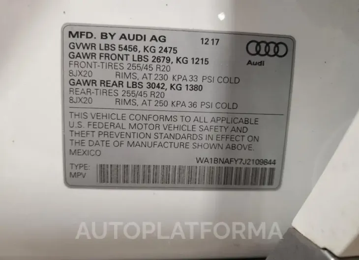 AUDI Q5 PREMIUM 2018 vin WA1BNAFY7J2109844 from auto auction Copart