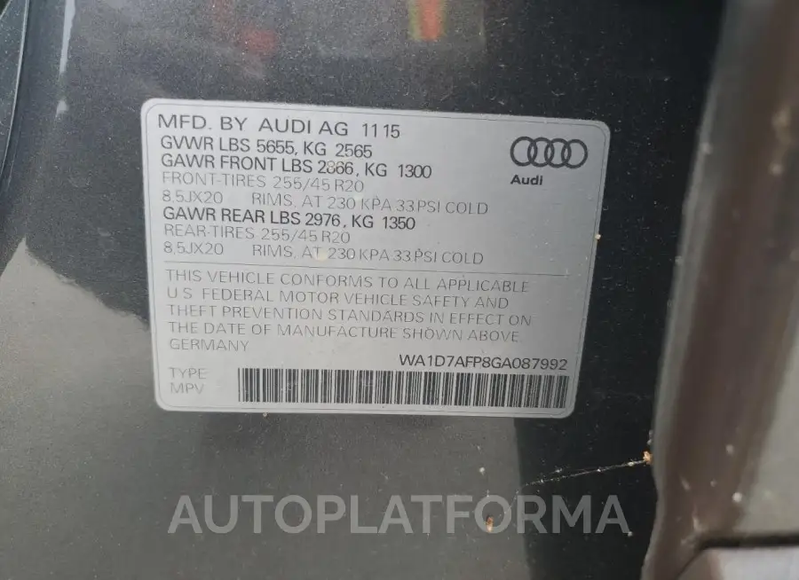 AUDI Q5 PREMIUM 2016 vin WA1D7AFP8GA087992 from auto auction Copart