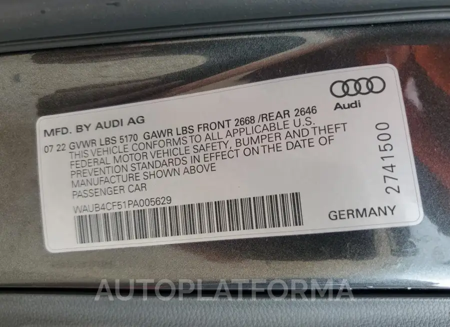 AUDI S5 PRESTIG 2023 vin WAUB4CF51PA005629 from auto auction Copart