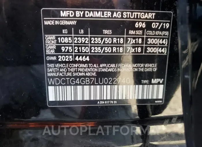 MERCEDES-BENZ GLA 250 4M 2020 vin WDCTG4GB7LU022740 from auto auction Copart