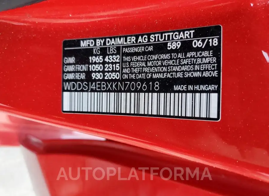 MERCEDES-BENZ CLA 250 2019 vin WDDSJ4EBXKN709618 from auto auction Copart