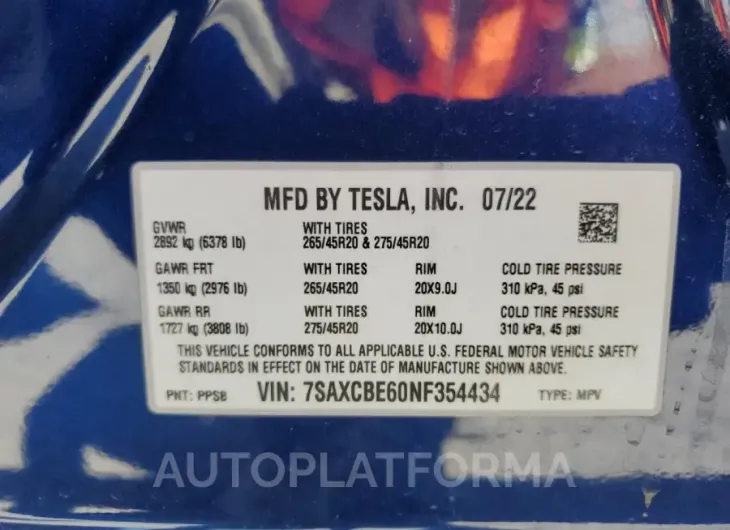 TESLA MODEL X 2022 vin 7SAXCBE60NF354434 from auto auction Copart