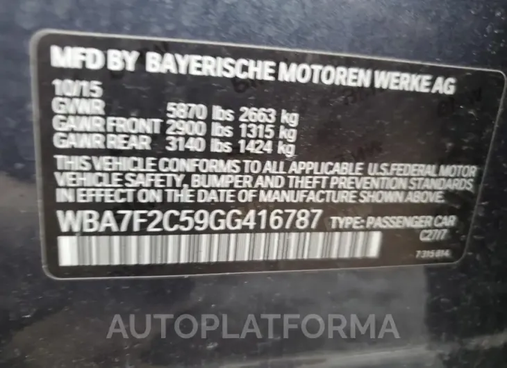 BMW 750 XI 2016 vin WBA7F2C59GG416787 from auto auction Copart