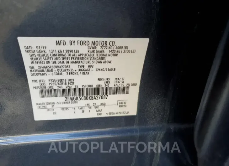 FORD FLEX SEL 2019 vin 2FMGK5C80KBA27087 from auto auction Copart