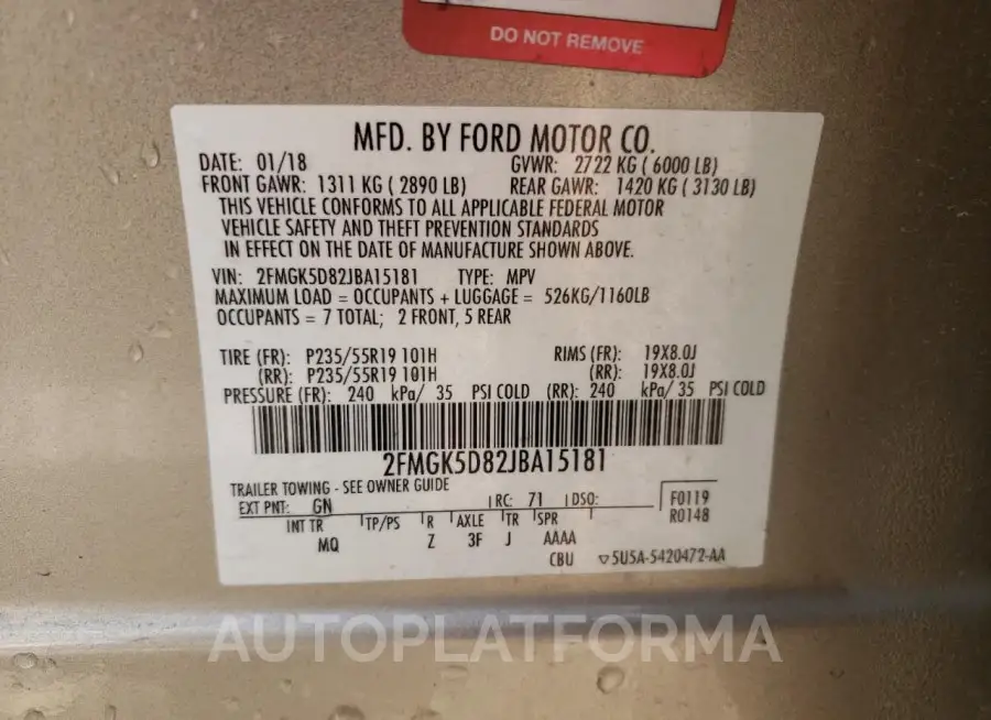 FORD FLEX LIMIT 2018 vin 2FMGK5D82JBA15181 from auto auction Copart