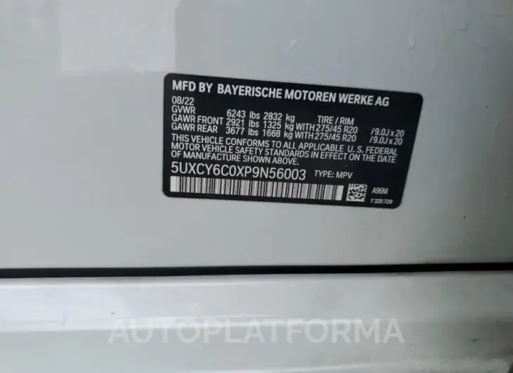 BMW X6 XDRIVE4 2023 vin 5UXCY6C0XP9N56003 from auto auction Copart