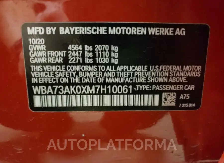 BMW 228XI 2021 vin WBA73AK0XM7H10061 from auto auction Copart