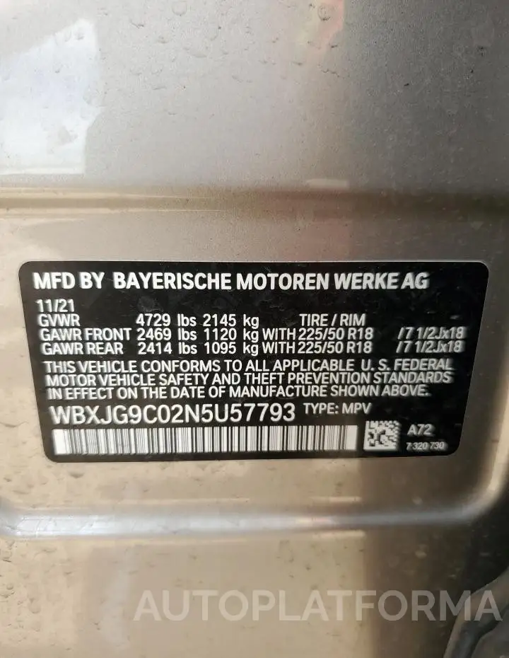 BMW X1 XDRIVE2 2022 vin WBXJG9C02N5U57793 from auto auction Copart