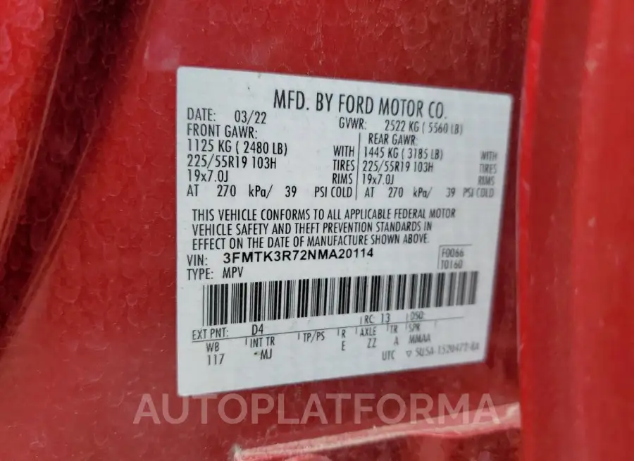 FORD MUSTANG MA 2022 vin 3FMTK3R72NMA20114 from auto auction Copart