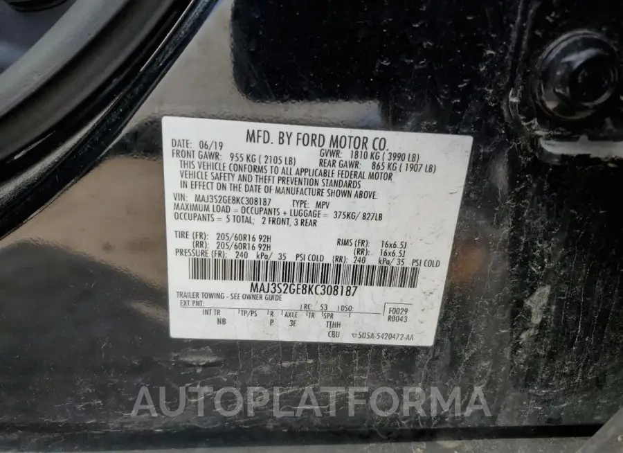 FORD ECOSPORT S 2019 vin MAJ3S2GE8KC308187 from auto auction Copart