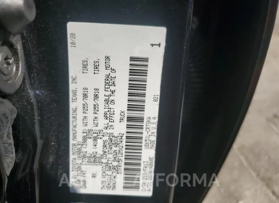 TOYOTA TUNDRA DOU 2021 vin 5TFRY5F12MX274942 from auto auction Copart