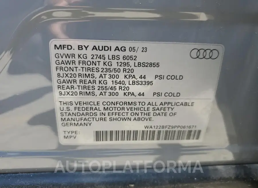 AUDI Q4 E-TRON 2023 vin WA122BFZ9PP061671 from auto auction Copart