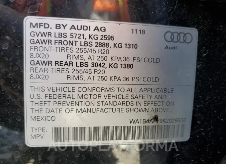 AUDI SQ5 PREMIU 2019 vin WA1B4AFY9K2026632 from auto auction Copart