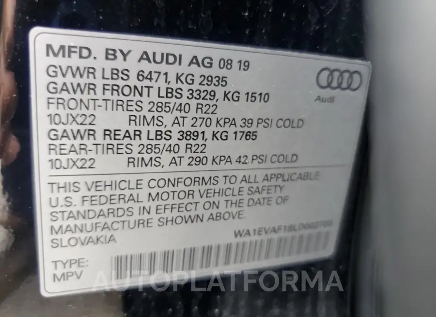 AUDI Q8 PREMIUM 2020 vin WA1EVAF18LD002700 from auto auction Copart