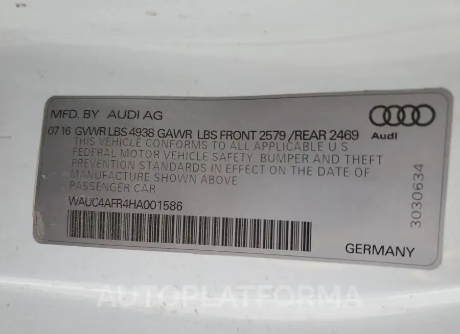 AUDI S5 2017 vin WAUC4AFR4HA001586 from auto auction Copart