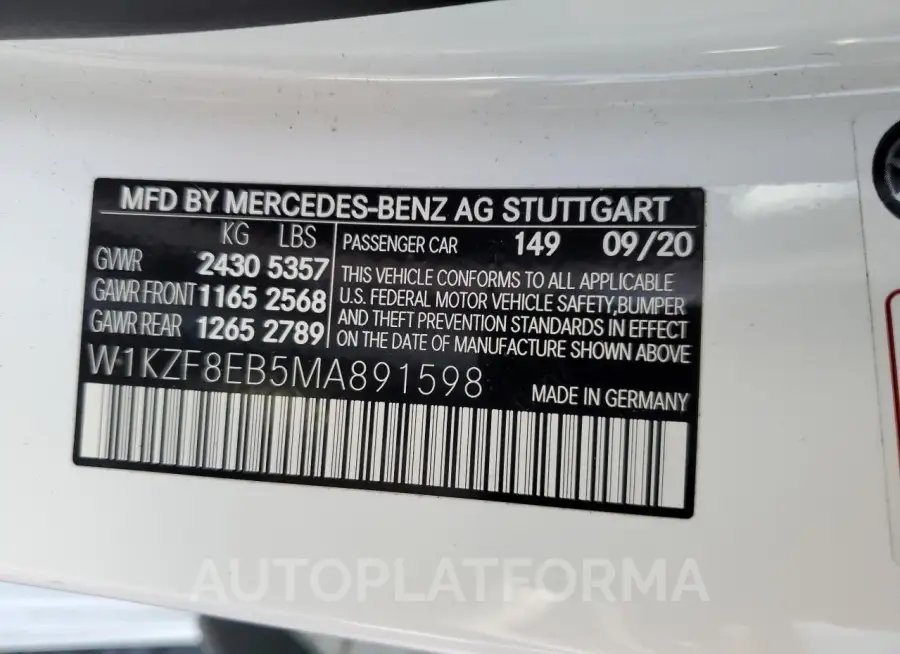 MERCEDES-BENZ E 350 4MAT 2021 vin W1KZF8EB5MA891598 from auto auction Copart