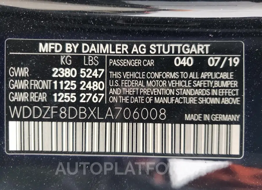 MERCEDES-BENZ E 350 2020 vin WDDZF8DBXLA706008 from auto auction Copart