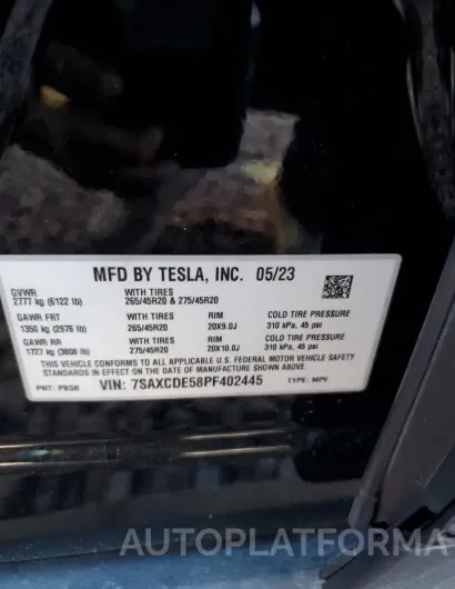 TESLA MODEL X 2023 vin 7SAXCDE58PF402445 from auto auction Copart