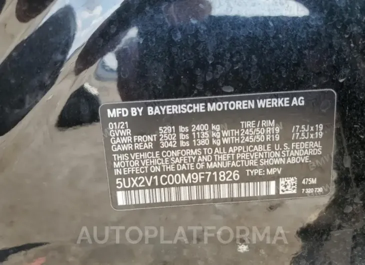 BMW X4 XDRIVE3 2021 vin 5UX2V1C00M9F71826 from auto auction Copart