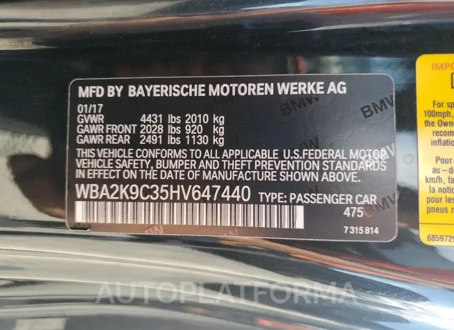 BMW 230I 2017 vin WBA2K9C35HV647440 from auto auction Copart