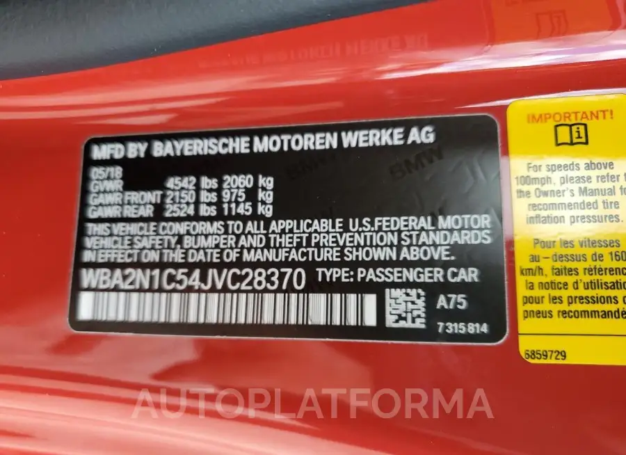 BMW M240I 2018 vin WBA2N1C54JVC28370 from auto auction Copart