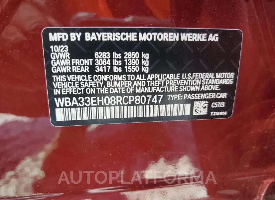 BMW 740 XI 2024 vin WBA33EH08RCP80747 from auto auction Copart