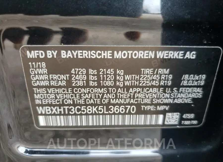 BMW X1 XDRIVE2 2019 vin WBXHT3C58K5L36670 from auto auction Copart