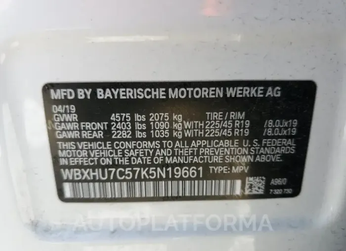 BMW X1 SDRIVE2 2019 vin WBXHU7C57K5N19661 from auto auction Copart