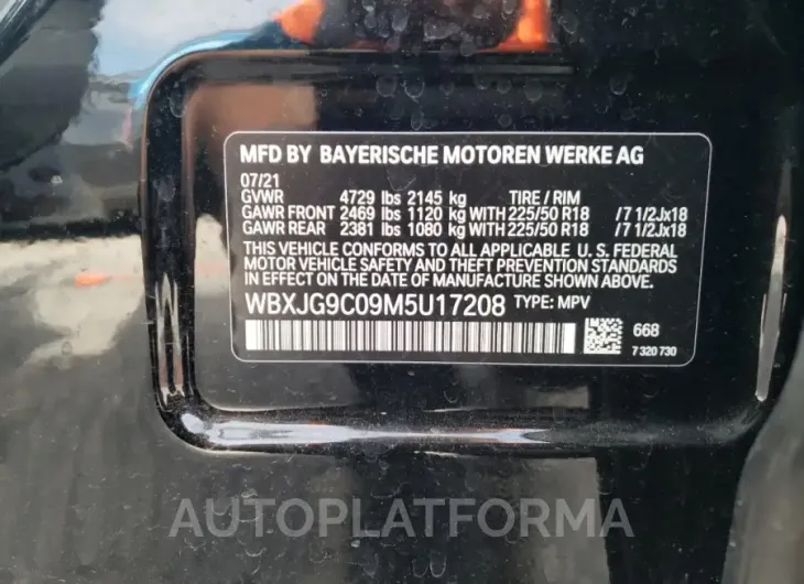 BMW X1 XDRIVE2 2021 vin WBXJG9C09M5U17208 from auto auction Copart