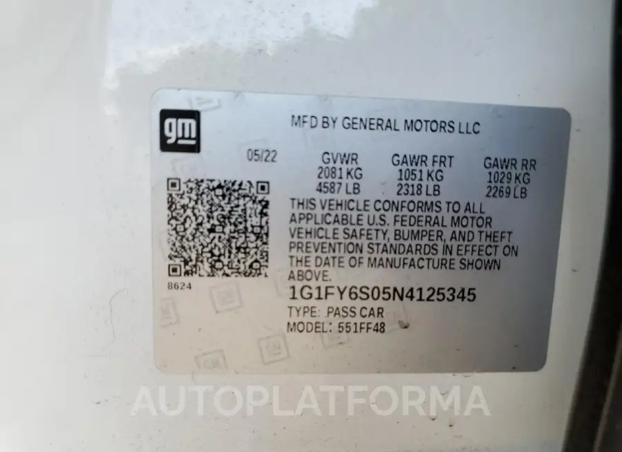 CHEVROLET BOLT EUV L 2022 vin 1G1FY6S05N4125345 from auto auction Copart