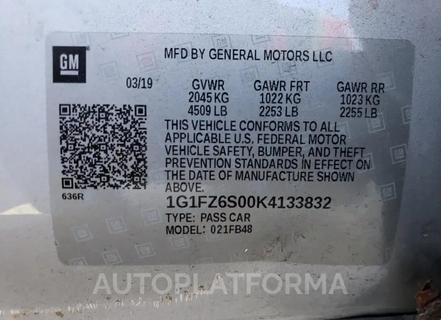 CHEVROLET BOLT EV PR 2019 vin 1G1FZ6S00K4133832 from auto auction Copart